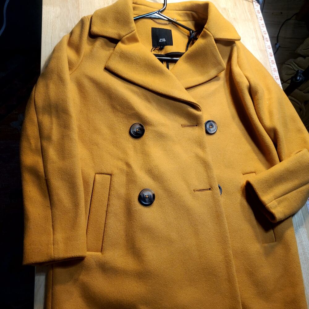 River Island Mustard Yellow Wool Blend Pea Coat Black Buttons Medium